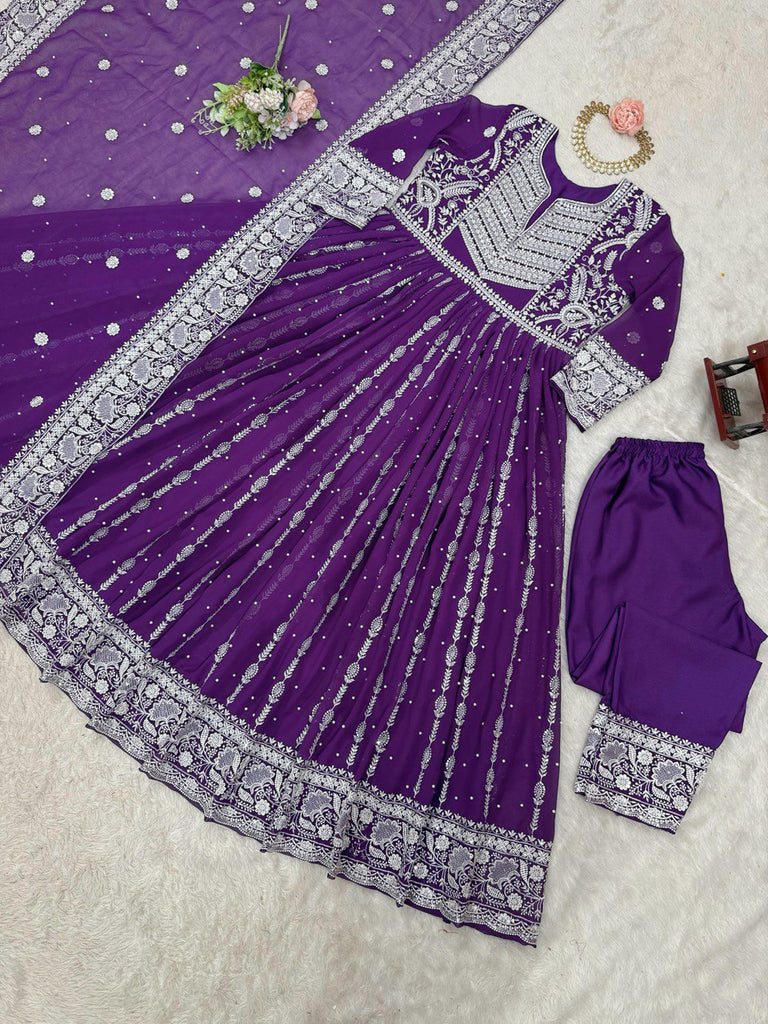 Purple Elegant Faux Georgette Thread & Sequin Embellished Suit Set with Rivet Moti Detailing ClothsVilla