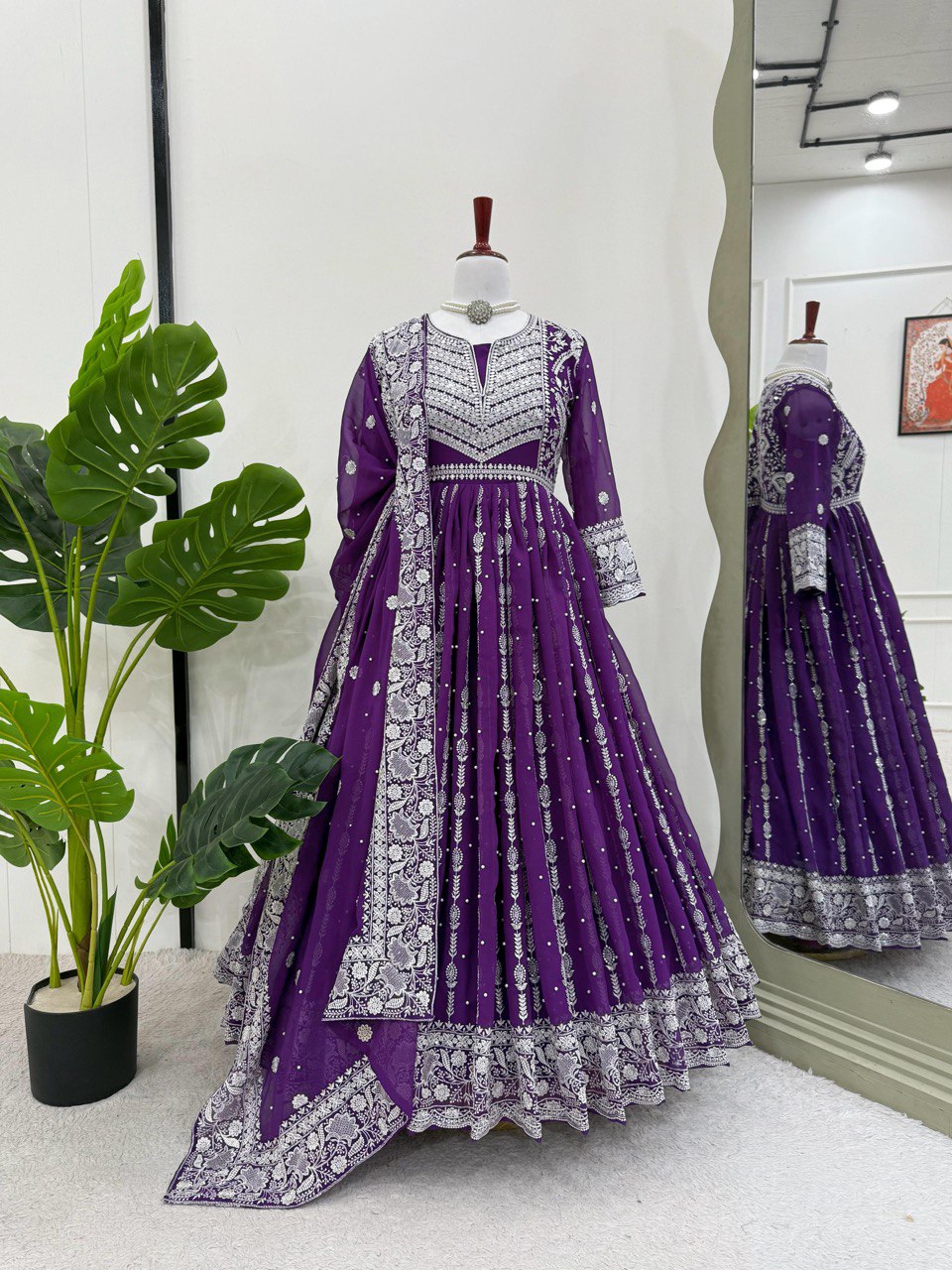 Purple Elegant Faux Georgette Thread & Sequin Embellished Suit Set with Rivet Moti Detailing ClothsVilla Main image