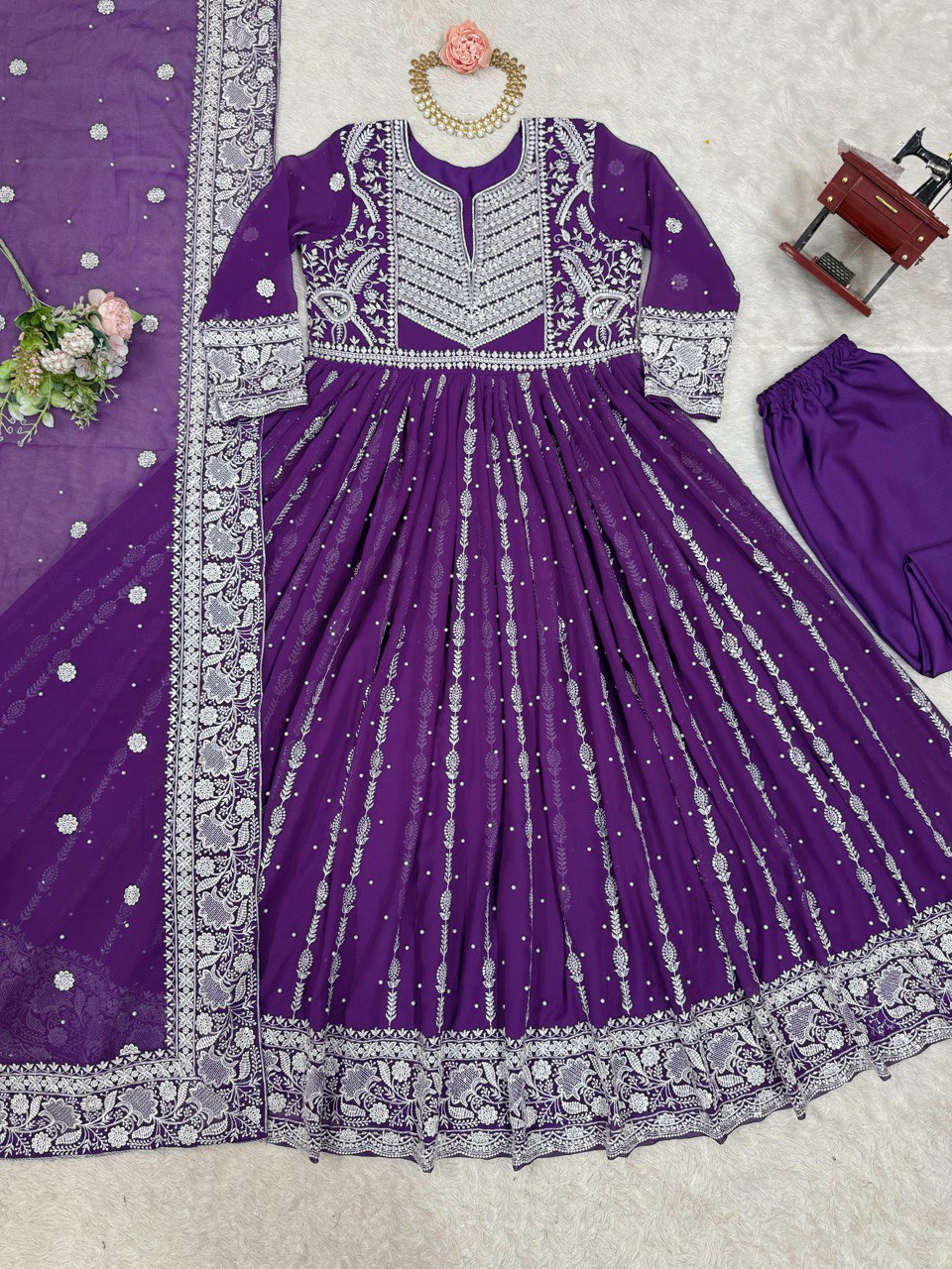 Purple Elegant Faux Georgette Thread & Sequin Embellished Suit Set with Rivet Moti Detailing ClothsVilla