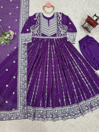 Purple Elegant Faux Georgette Thread & Sequin Embellished Suit Set with Rivet Moti Detailing ClothsVilla