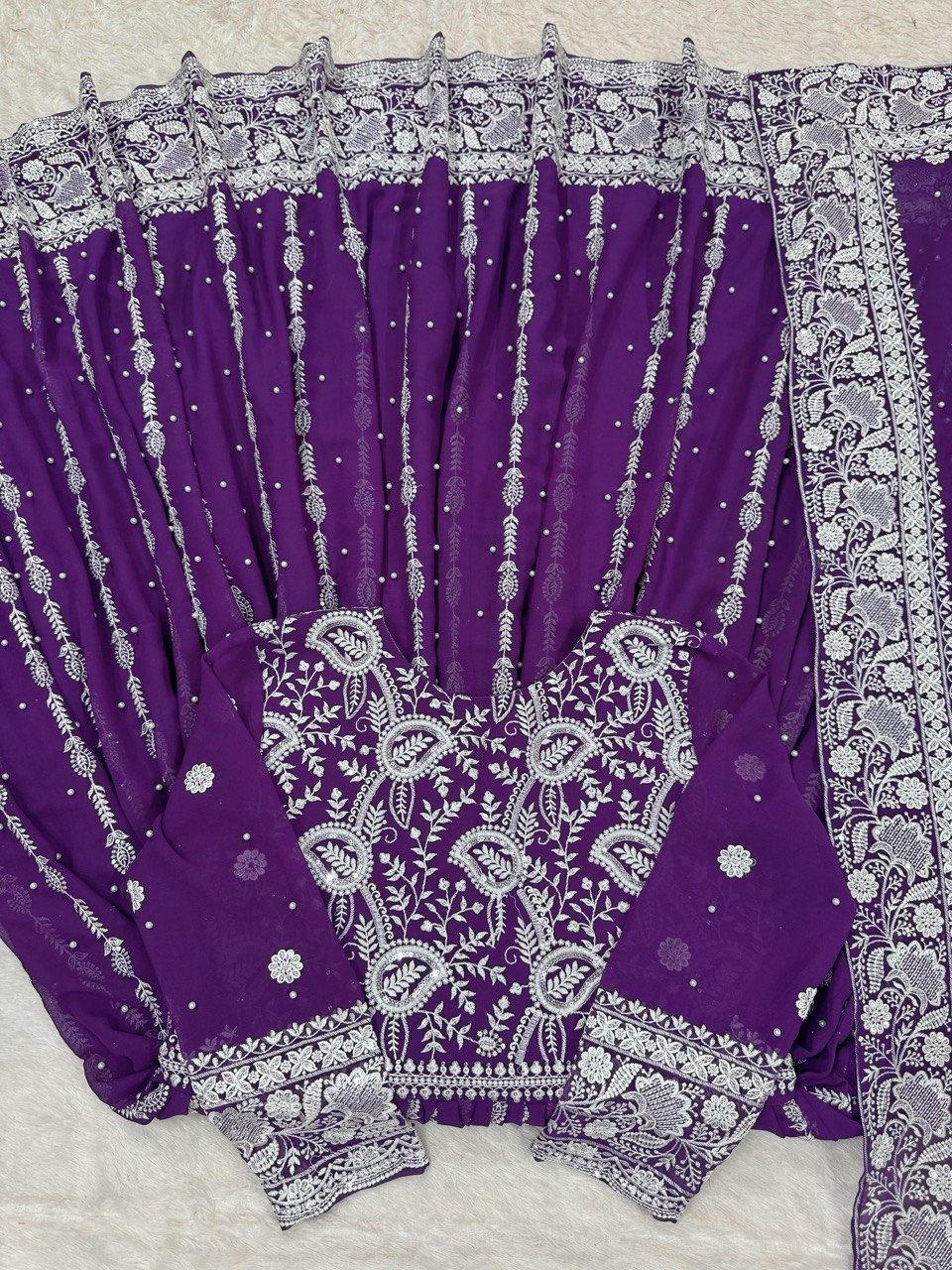 Purple Elegant Faux Georgette Thread & Sequin Embellished Suit Set with Rivet Moti Detailing ClothsVilla