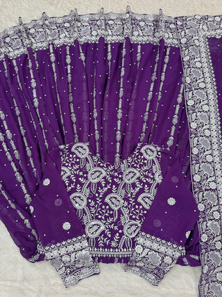 Purple Elegant Faux Georgette Thread & Sequin Embellished Suit Set with Rivet Moti Detailing ClothsVilla