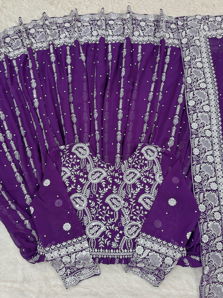 Purple Elegant Faux Georgette Thread & Sequin Embellished Suit Set with Rivet Moti Detailing ClothsVilla