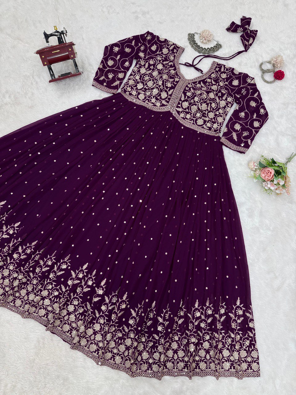 Purple Elegant Faux Georgette Thread & Sequin Embroidered Top with Plazo Set