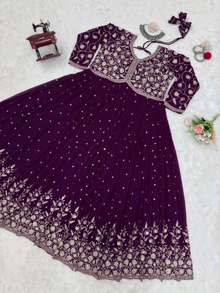 Purple Elegant Faux Georgette Thread & Sequin Embroidered Top with Plazo Set