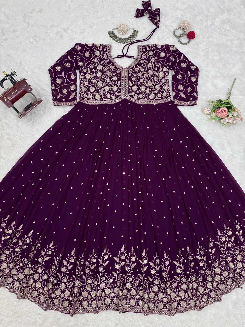 Purple Elegant Faux Georgette Thread & Sequin Embroidered Top with Plazo Set