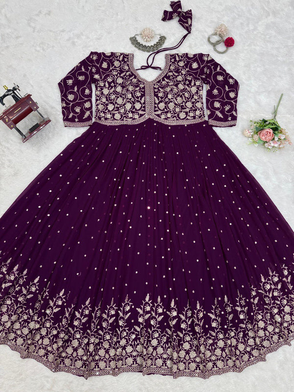 Purple Elegant Faux Georgette Thread & Sequin Embroidered Top with Plazo Set