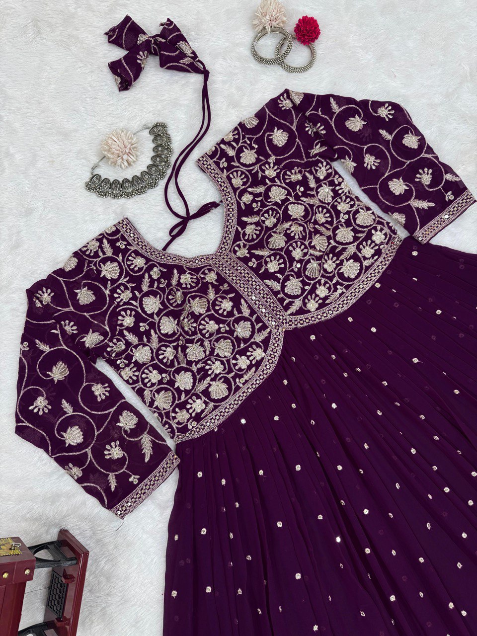 Purple Elegant Faux Georgette Thread & Sequin Embroidered Top with Plazo Set