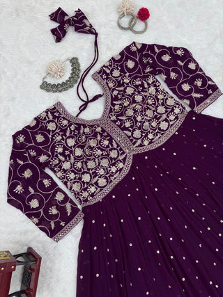 Purple Elegant Faux Georgette Thread & Sequin Embroidered Top with Plazo Set