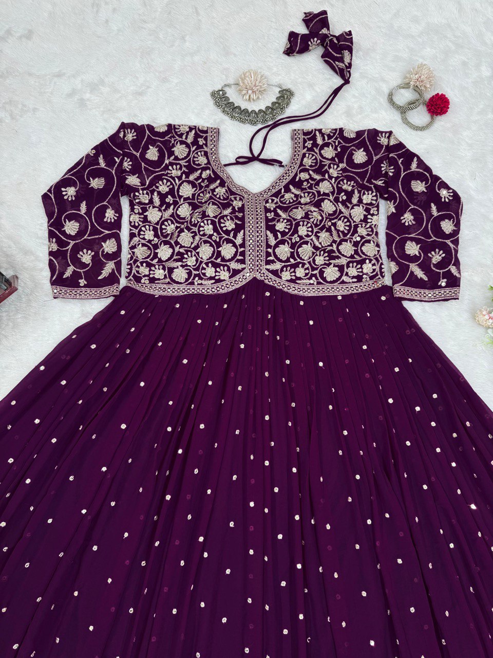 Purple Elegant Faux Georgette Thread & Sequin Embroidered Top with Plazo Set