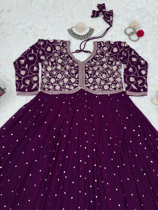Purple Elegant Faux Georgette Thread & Sequin Embroidered Top with Plazo Set