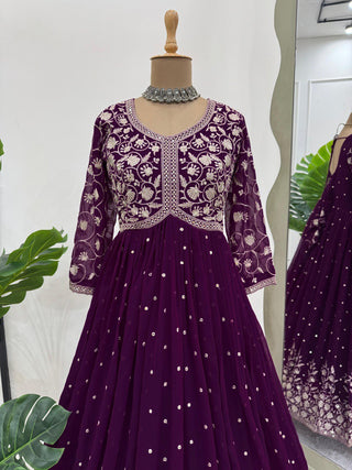 Purple Elegant Faux Georgette Thread & Sequin Embroidered Top with Plazo Set