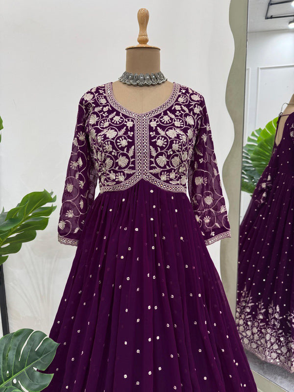 Purple Elegant Faux Georgette Thread & Sequin Embroidered Top with Plazo Set