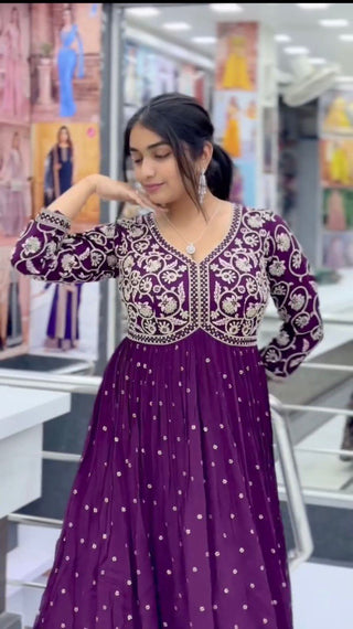 Purple Elegant Faux Georgette Thread & Sequin Embroidered Top with Plazo Set
