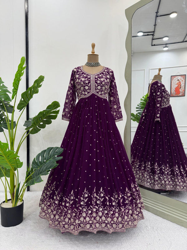 Purple Elegant Faux Georgette Thread & Sequin Embroidered Top with Plazo Set