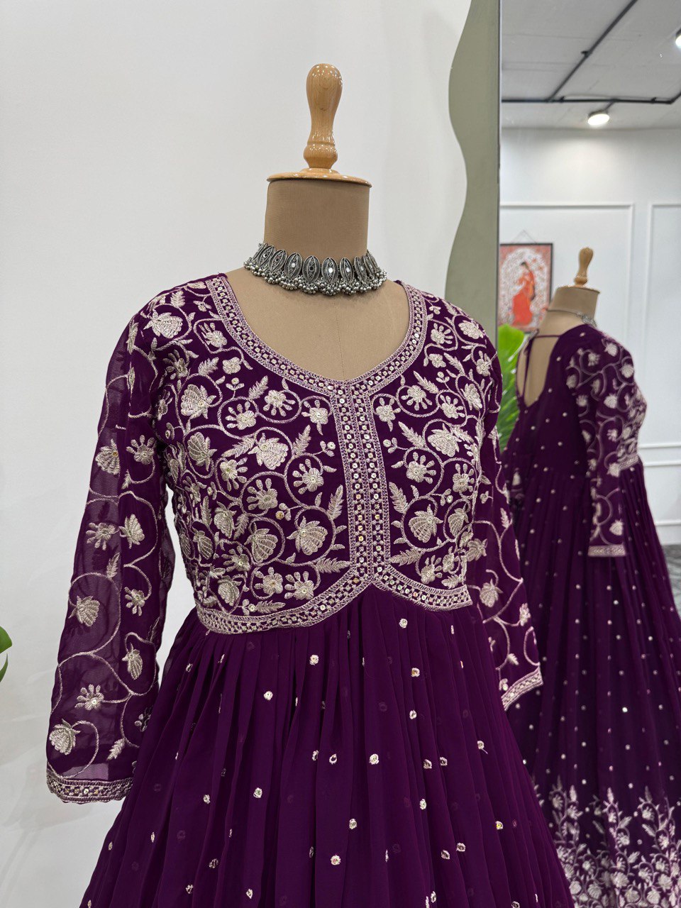 Purple Elegant Faux Georgette Thread & Sequin Embroidered Top with Plazo Set