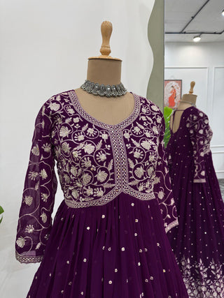 Purple Elegant Faux Georgette Thread & Sequin Embroidered Top with Plazo Set