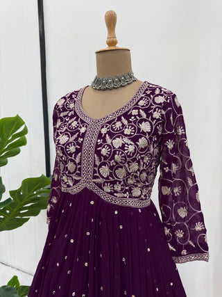 Purple Elegant Faux Georgette Thread & Sequin Embroidered Top with Plazo Set