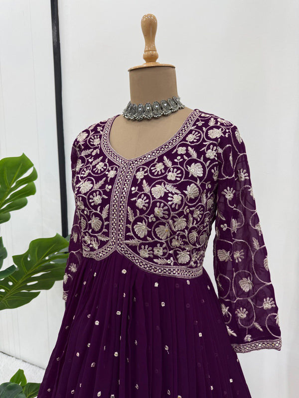 Purple Elegant Faux Georgette Thread & Sequin Embroidered Top with Plazo Set