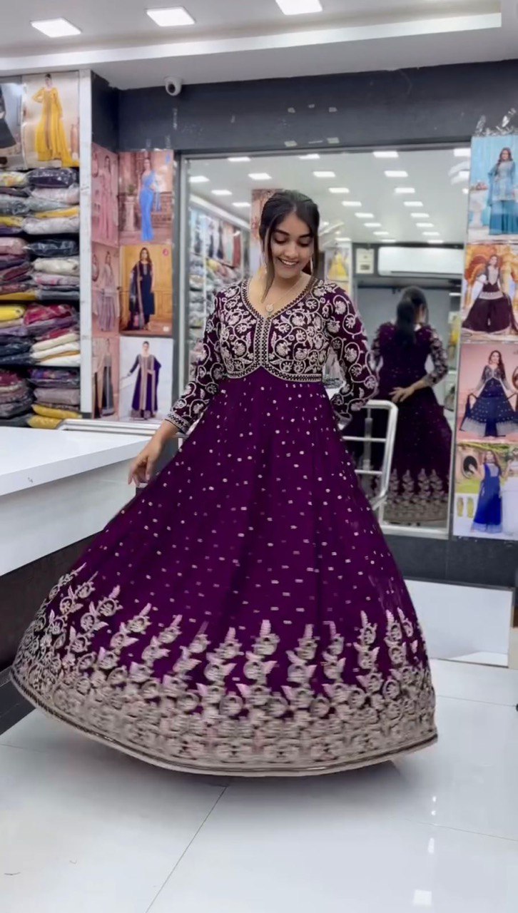 Purple Elegant Faux Georgette Thread & Sequin Embroidered Top with Plazo Set