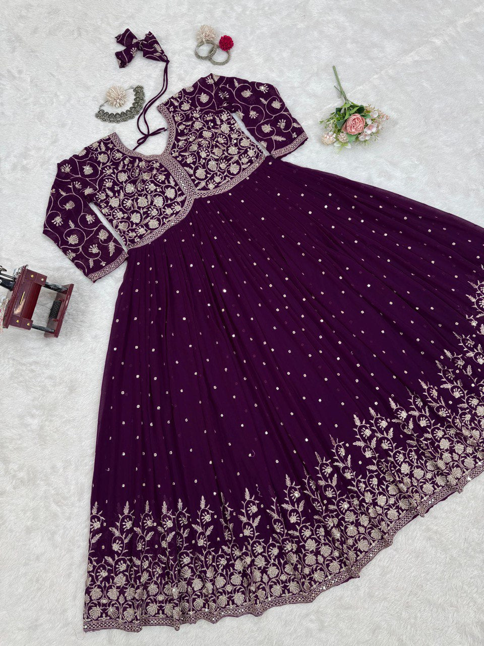 Purple Elegant Faux Georgette Thread & Sequin Embroidered Top with Plazo Set