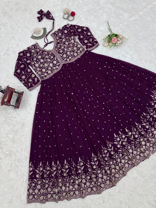 Purple Elegant Faux Georgette Thread & Sequin Embroidered Top with Plazo Set