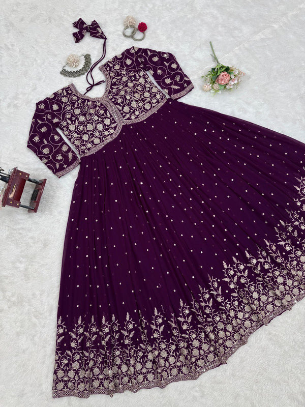 Purple Elegant Faux Georgette Thread & Sequin Embroidered Top with Plazo Set