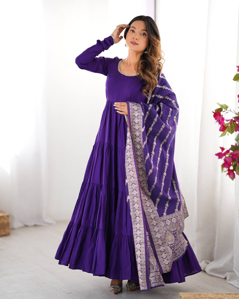 Purple Elegant Festive Pure Romansilk Chanderi Anarkali Suit with Banarasi Dupatta Clothsvilla