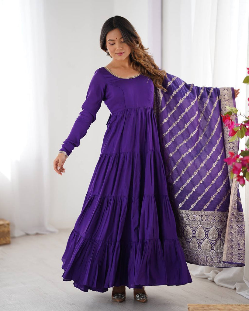 Purple Elegant Festive Pure Romansilk Chanderi Anarkali Suit with Banarasi Dupatta Clothsvilla