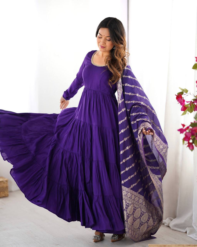 Purple Elegant Festive Pure Romansilk Chanderi Anarkali Suit with Banarasi Dupatta Clothsvilla