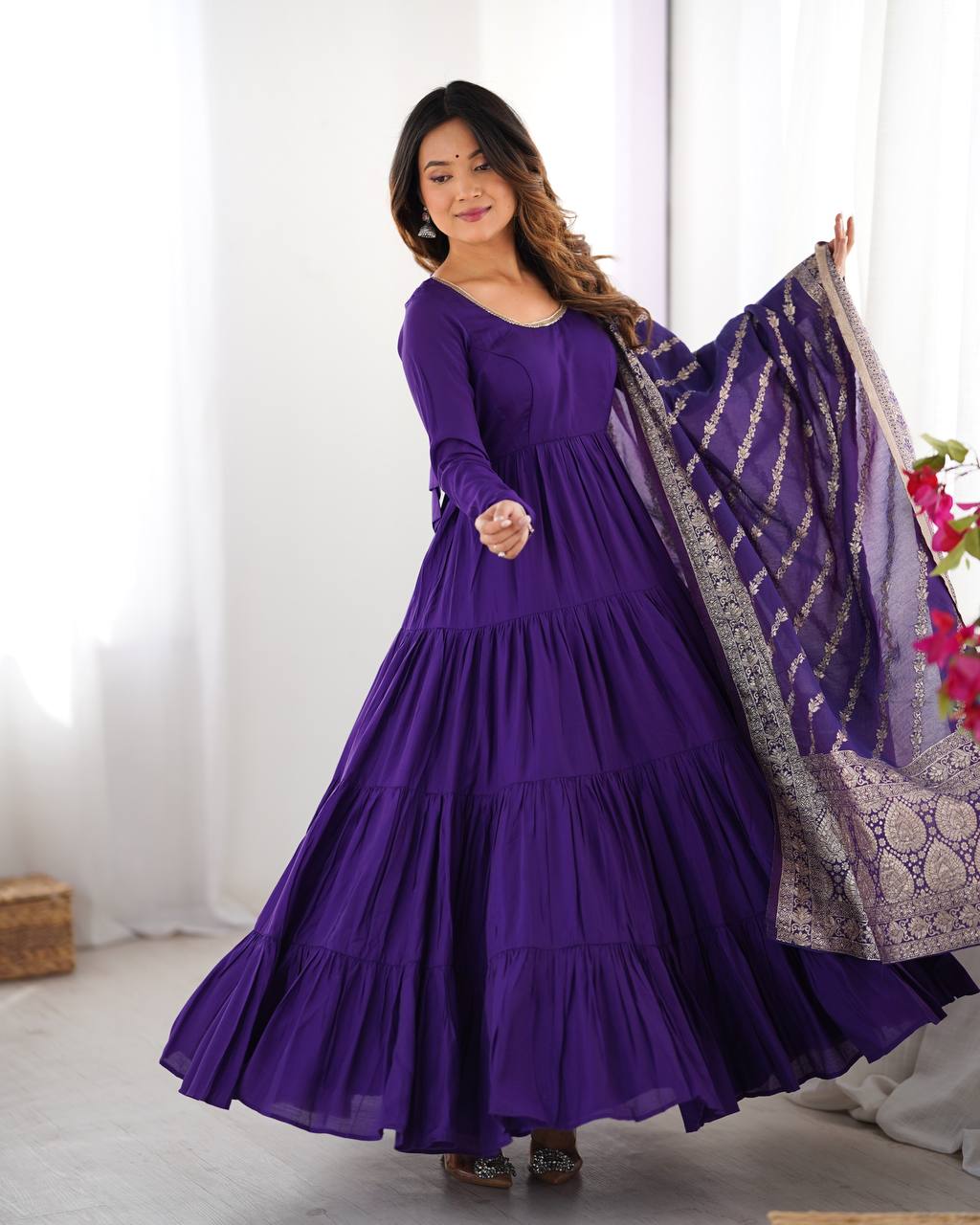 Purple Elegant Festive Pure Romansilk Chanderi Anarkali Suit with Banarasi Dupatta Clothsvilla