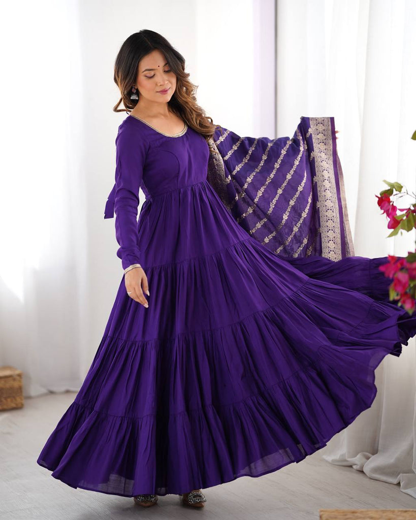 Purple Elegant Festive Pure Romansilk Chanderi Anarkali Suit with Banarasi Dupatta Clothsvilla