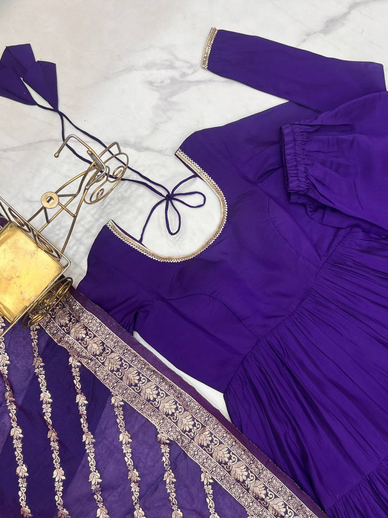 Purple Elegant Festive Pure Romansilk Chanderi Anarkali Suit with Banarasi Dupatta Clothsvilla