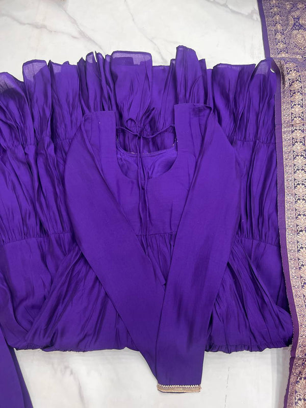 Purple Elegant Festive Pure Romansilk Chanderi Anarkali Suit with Banarasi Dupatta Clothsvilla