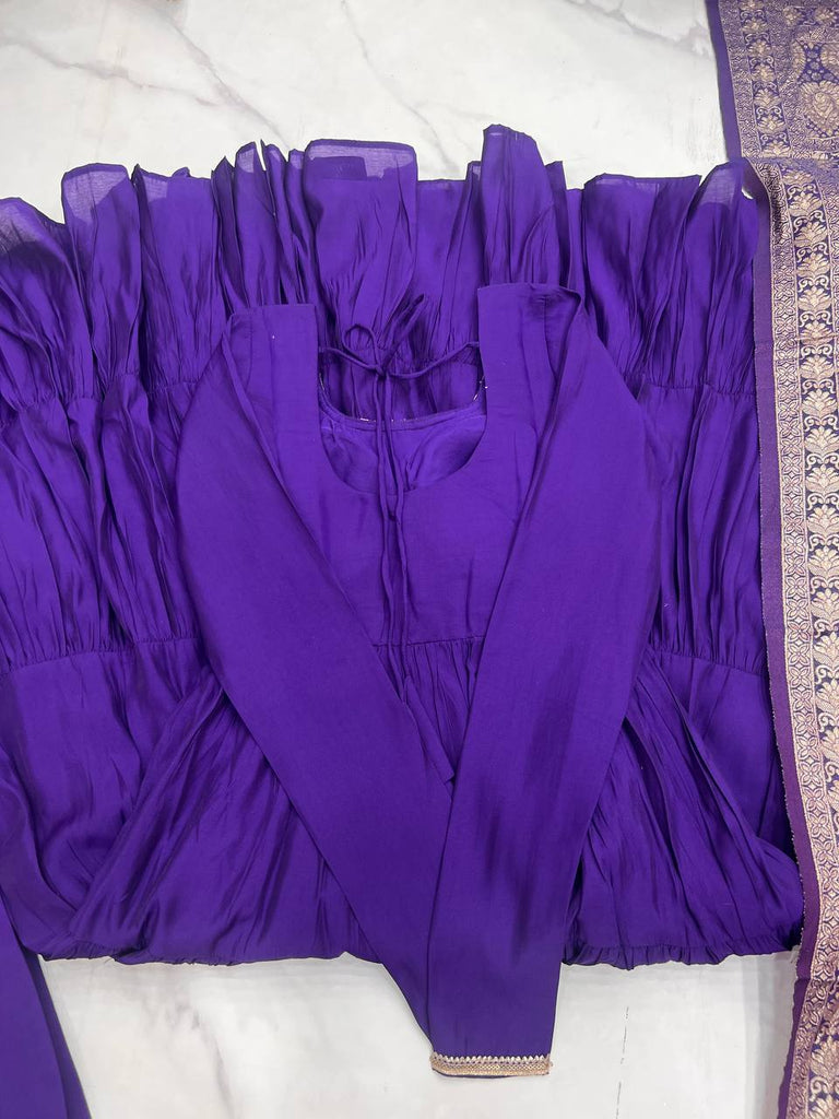 Purple Elegant Festive Pure Romansilk Chanderi Anarkali Suit with Banarasi Dupatta Clothsvilla