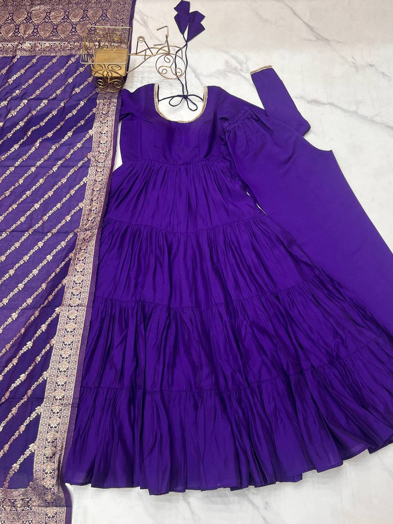 Purple Elegant Festive Pure Romansilk Chanderi Anarkali Suit with Banarasi Dupatta Clothsvilla