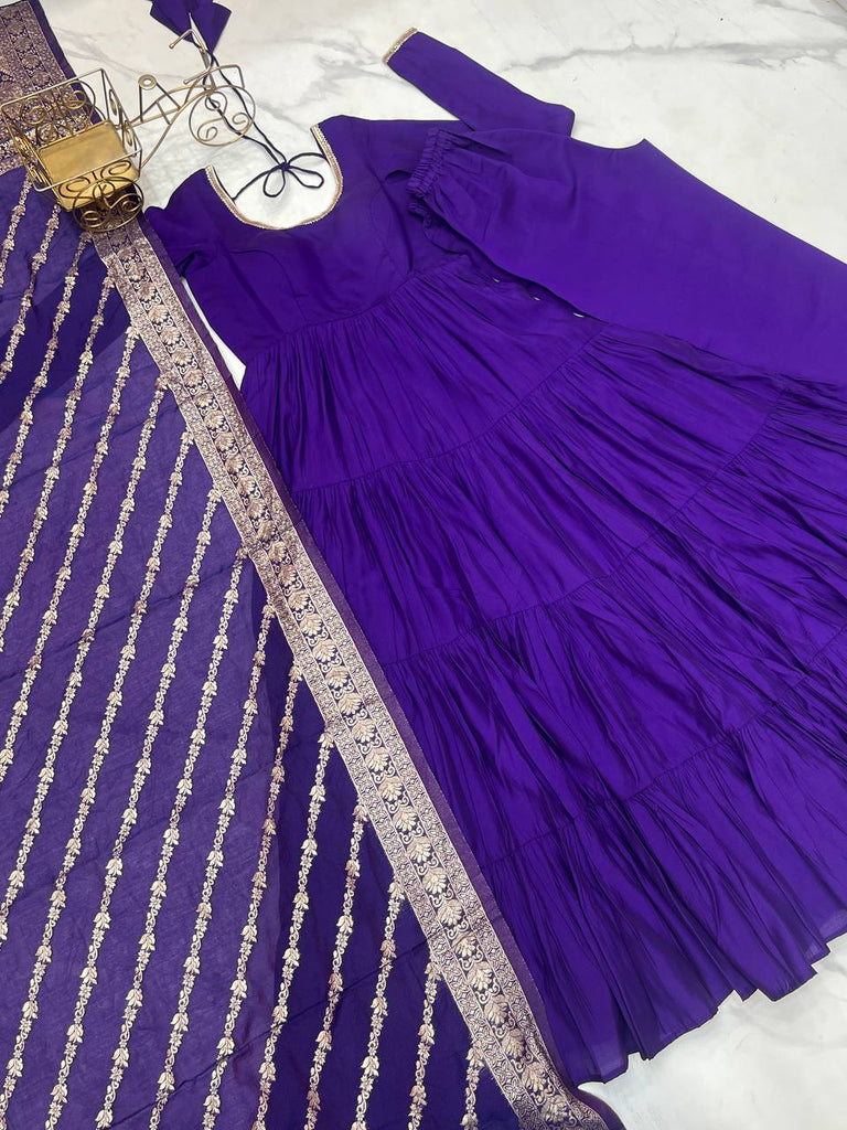 Purple Elegant Festive Pure Romansilk Chanderi Anarkali Suit with Banarasi Dupatta Clothsvilla