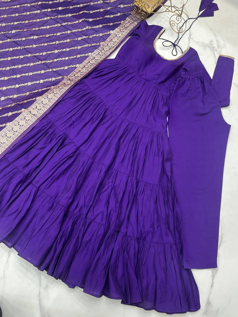 Purple Elegant Festive Pure Romansilk Chanderi Anarkali Suit with Banarasi Dupatta Clothsvilla