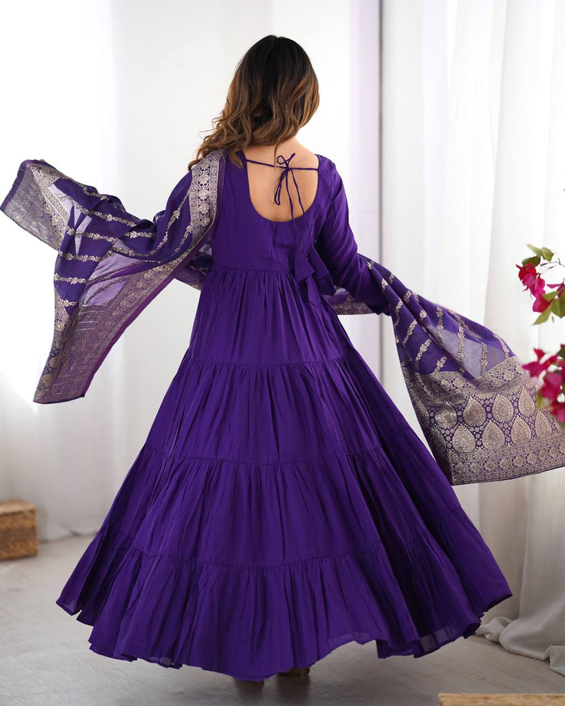 Purple Elegant Festive Pure Romansilk Chanderi Anarkali Suit with Banarasi Dupatta Clothsvilla