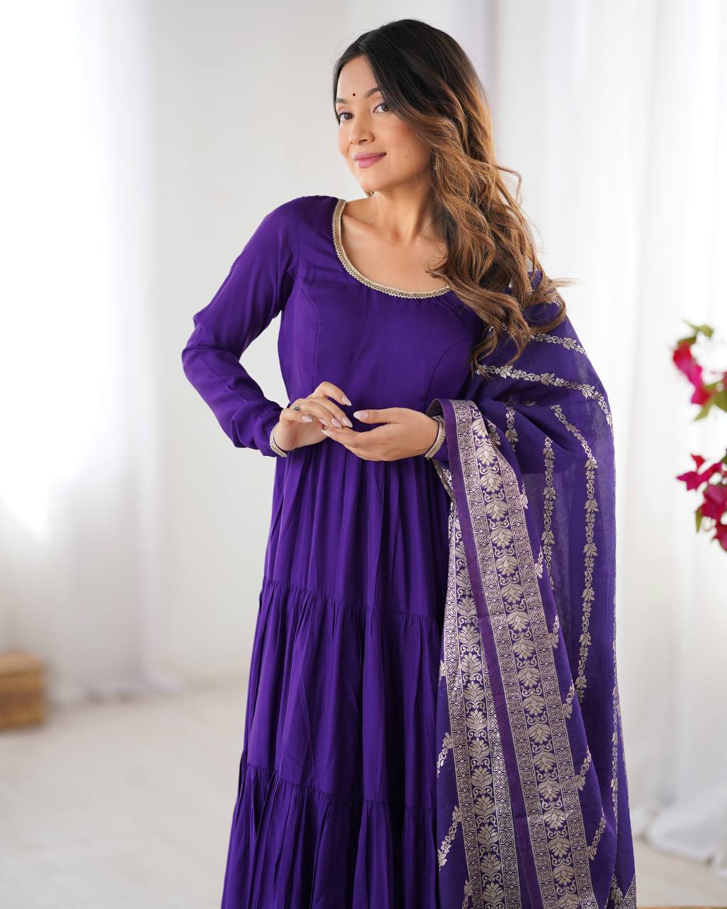 Purple Elegant Festive Pure Romansilk Chanderi Anarkali Suit with Banarasi Dupatta Clothsvilla