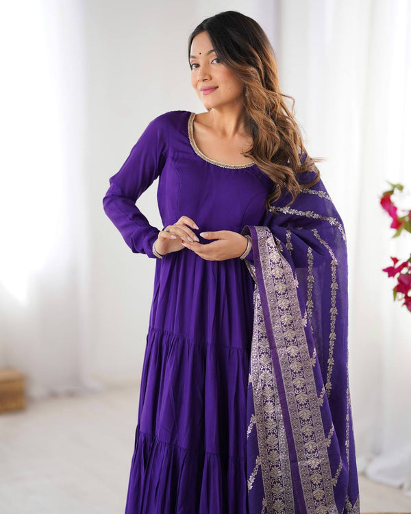 Purple Elegant Festive Pure Romansilk Chanderi Anarkali Suit with Banarasi Dupatta Clothsvilla