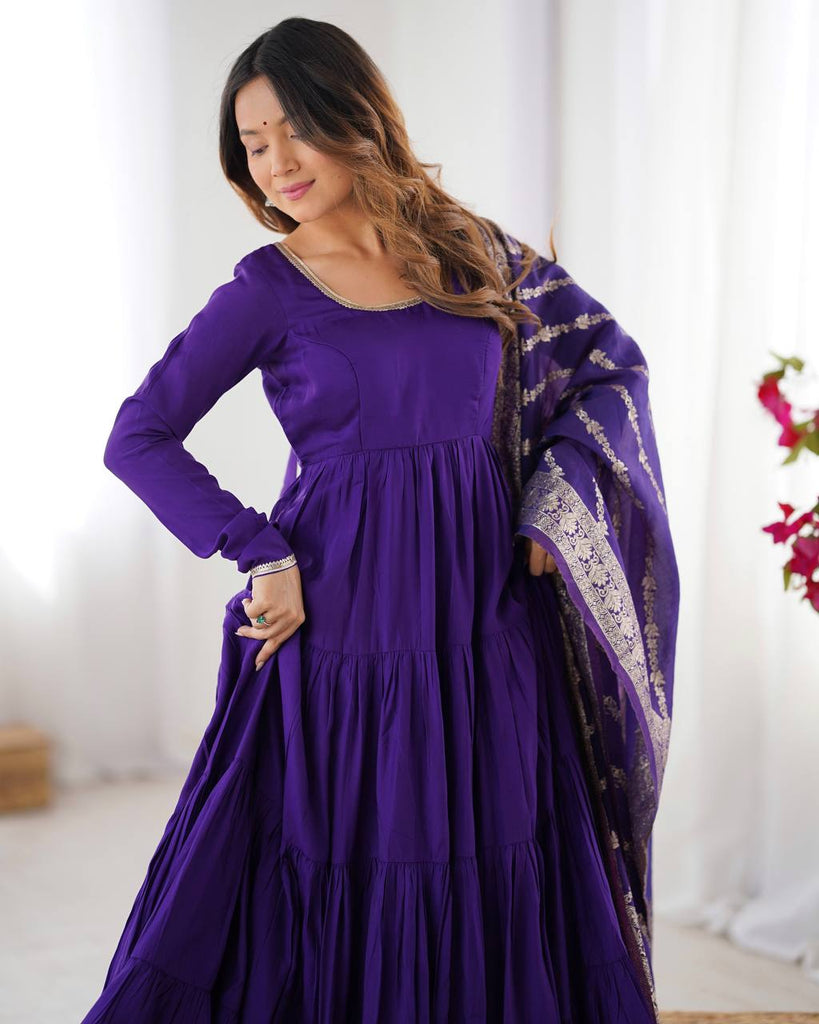 Purple Elegant Festive Pure Romansilk Chanderi Anarkali Suit with Banarasi Dupatta Clothsvilla