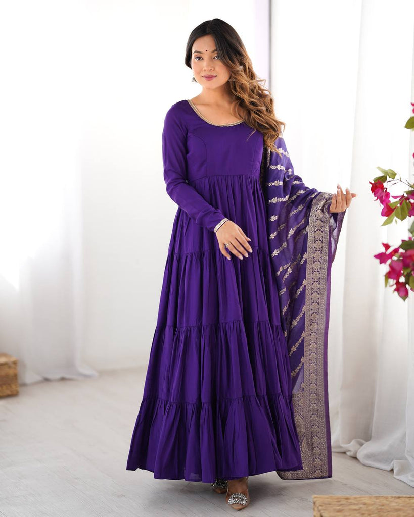 Purple Elegant Festive Pure Romansilk Chanderi Anarkali Suit with Banarasi Dupatta M Purple Elegant Festive Pure Romansilk Chanderi Anarkali Suit with Banarasi Dupatta M