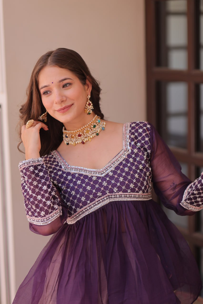 Purple Elegant Floral Cosmos Print Lehenga Set with Embroidered Peplum Top ClothsVilla