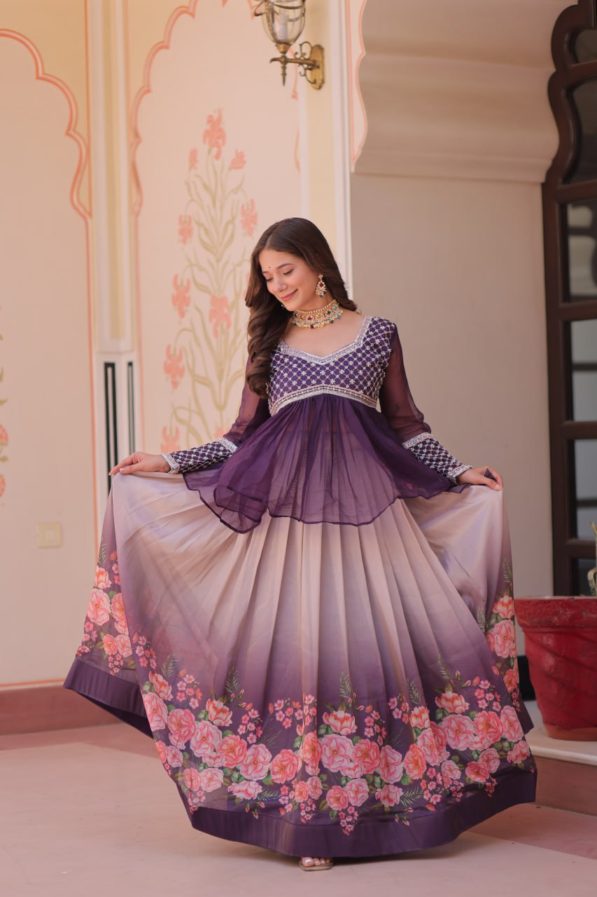 Purple Elegant Floral Cosmos Print Lehenga Set with Embroidered Peplum Top ClothsVilla