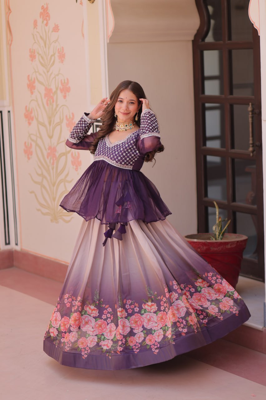 Purple Elegant Floral Cosmos Print Lehenga Set with Embroidered Peplum Top ClothsVilla