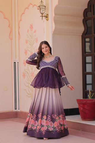 Purple Elegant Floral Cosmos Print Lehenga Set with Embroidered Peplum Top ClothsVilla