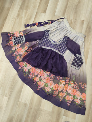 Purple Elegant Floral Cosmos Print Lehenga Set with Embroidered Peplum Top ClothsVilla
