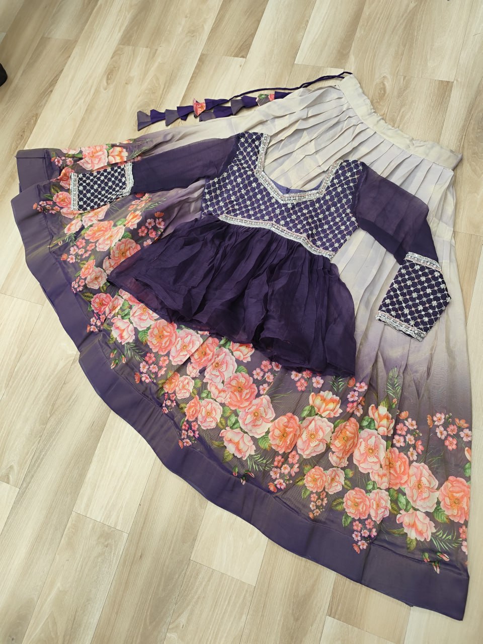 Purple Elegant Floral Cosmos Print Lehenga Set with Embroidered Peplum Top ClothsVilla
