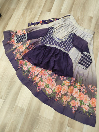 Purple Elegant Floral Cosmos Print Lehenga Set with Embroidered Peplum Top ClothsVilla